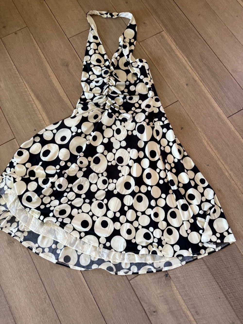 92% polyester 8% spandex lined halter dress